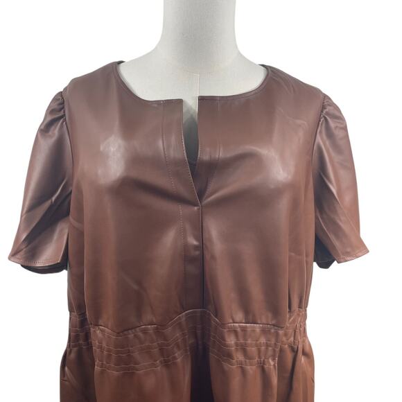 Brown Soft Vegan Leather Tiered Midi Dress Sz 4X V-Neck Ruffle Slimming - Picture 2 of 10